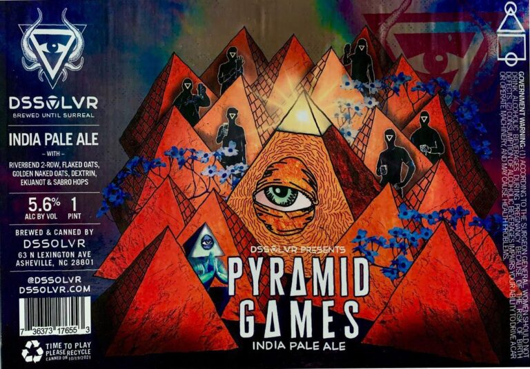 Pyramid Games beer label from DSSOLVR: A large pyramid with a green eye at its center is surrounded by smaller pyramids and silhouetted figures holding objects. Blue flowers grow along edges against an orange-red background.