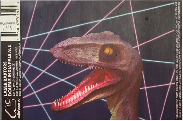 Laser Raptor beer label from Aslin: A raptor-like creature with yellow eyes and sharp teeth against a dark background intersected by glowing pink and blue laser lines.