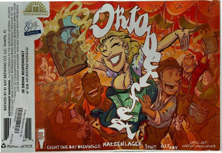 Oktoberfest beer label: a cartoon festival crowd led by a laughing woman holding beer steins