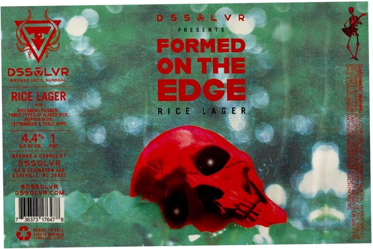 Formed on the Edge beer label from DSSOLVR: A red skull floats over a green bokeh background with faint silhouettes of figures and abstract shapes.