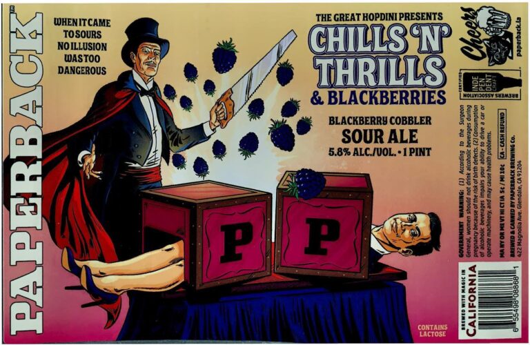 Chills ‘n’ Thrills beer label from Paperback: A magician in top hat and red cape saws a blackberry mid-air while standing beside boxes labeled 'P' with legs sticking out.