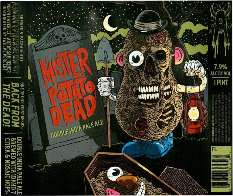 Mister Potato Dead beer label from Abomination: A zombie potato in a bowler hat holds a shovel and lantern beside a tombstone labeled Mister Potato Dead; another potato lies in an open coffin under a starry night sky.