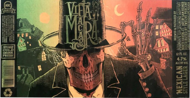 Vieja Macabra beer label from Abomination: A skeletal figure in a top hat and suit raises its bony hand against a spooky town backdrop with green and red skies.