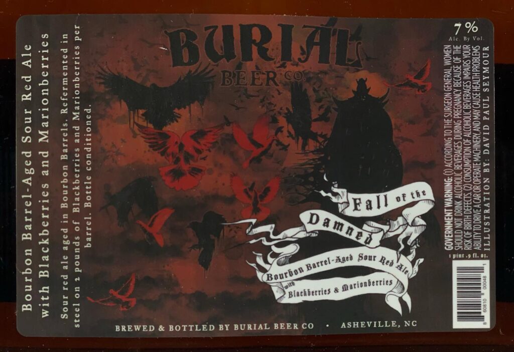 Fall of the Damned beer label from Burial: a red and black label with the Burial wordmark, a dark figure and a scrolled banner