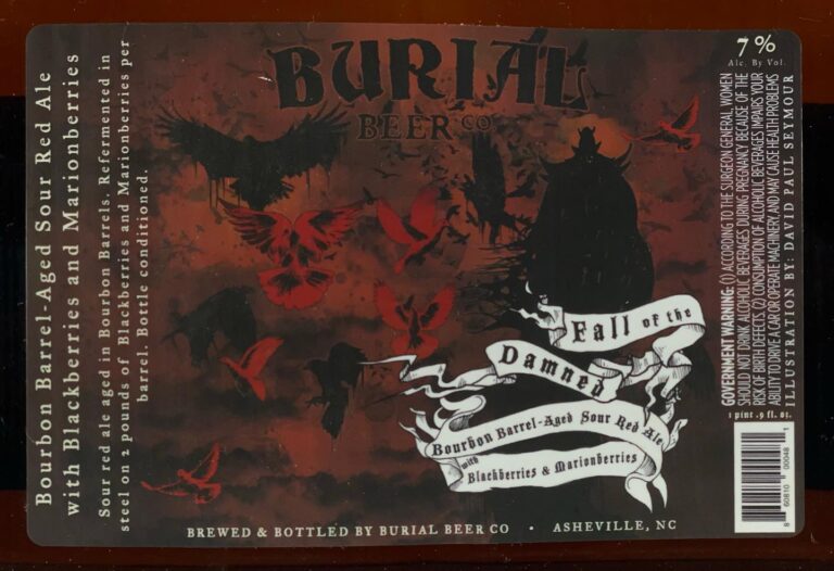 Fall of the Damned beer label from Burial: a red and black label with the Burial wordmark, a dark figure and a scrolled banner