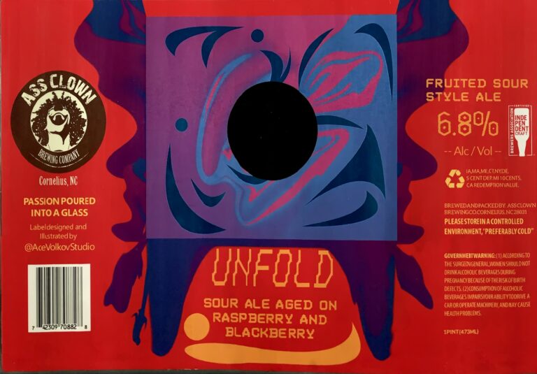 Unfold beer label from Ass Clown: Abstract swirling shapes in blue and pink on purple background with red borders; central black circle surrounded by organic forms.