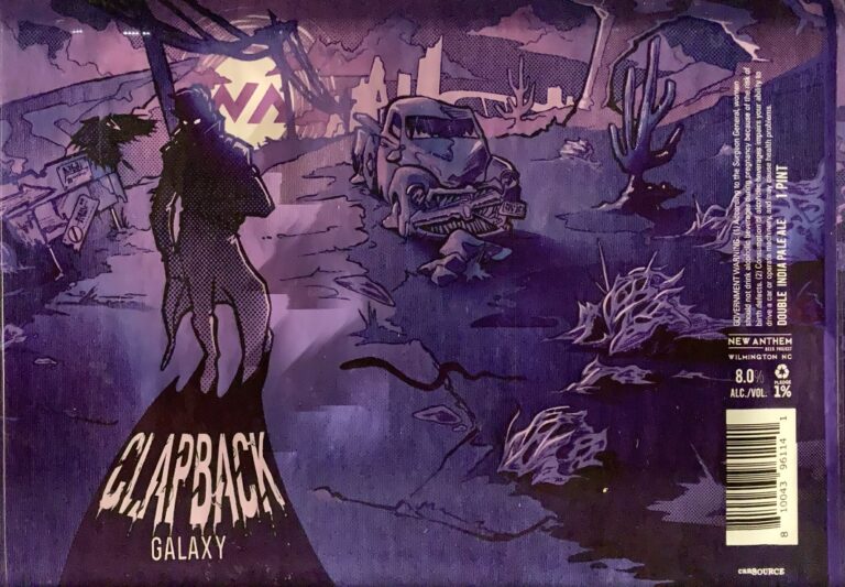 Galaxy Clapback beer label from New Anthem Beer Project: a dark figure and a vehicle in a purple night landscape