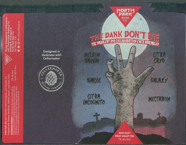 The Dank Don’t Die beer label from North Park & Cellarmaker: A zombie hand rises from a graveyard under a full moon. Text overlays include beer names and brewery logos.