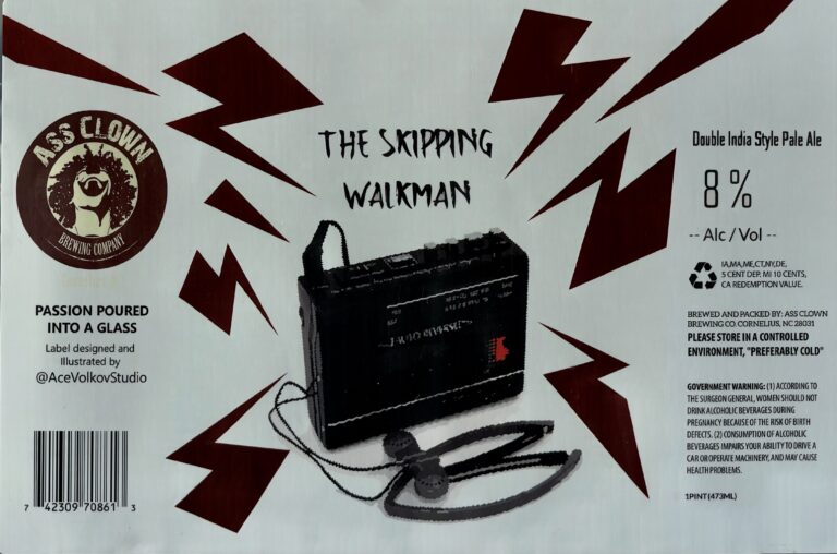 The Skipping Walkman beer label from Ass Clown: A black portable cassette player with earphones lies center stage against a white background scattered with maroon lightning bolts.