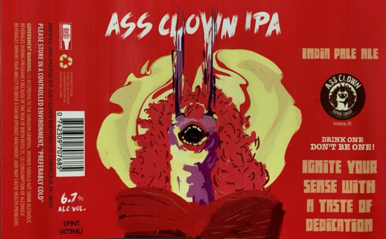 Ass Clown IPA beer label from Ass Clown: A grotesque clown face with exaggerated red lips and a wide open mouth sits atop a fleshy mound against a pale yellow halo.