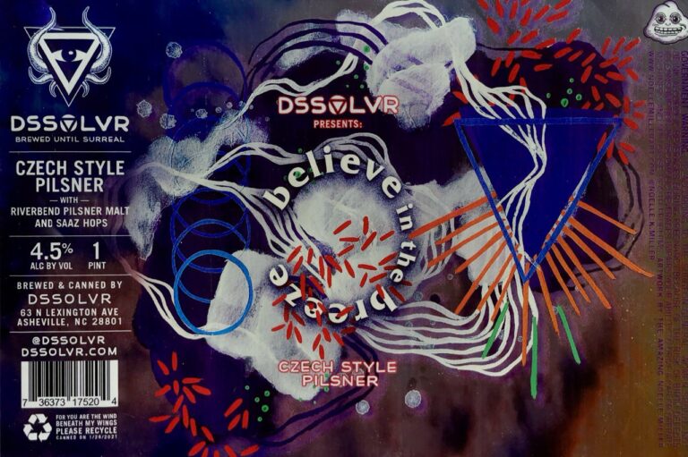 Believe In the Breeze beer label from DSSOLVR: Abstract composition of white flowing lines and red-orange dashes over dark background with blue triangle overlay.
