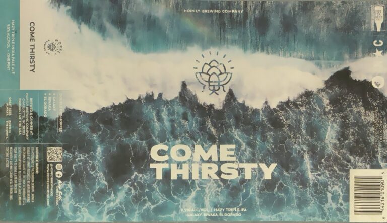 Come Thirsty beer label from Hopfly: A stylized ocean wave crashing over dark rocky peaks with white foam and blue-green water.