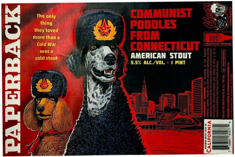 Communist Poodles from Connecticut beer label from Paperback: Two poodles wearing Soviet-style hats with red stars stand against a city skyline; one is black and white, the other brown. Red background dominates.