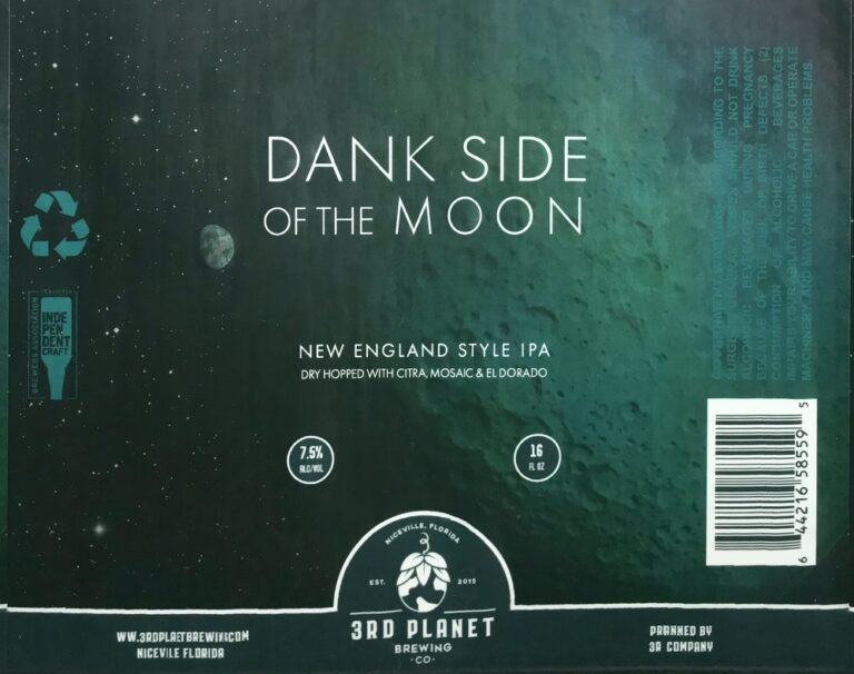 Dank Side of the Moon beer label: a minimal dark teal label with the moon and a line-drawn badge