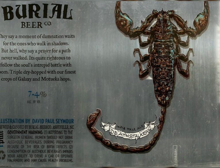 Deathstalker beer label from Burial: a large brown scorpion on brushed metal with a ribbon banner