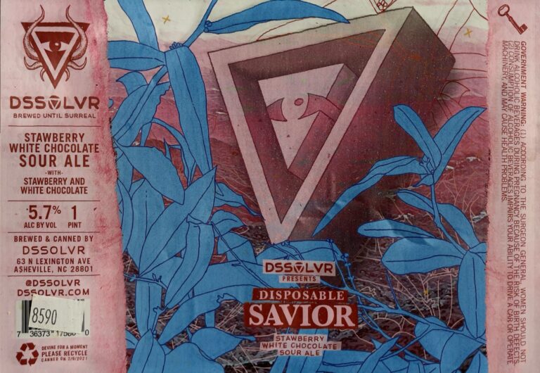 Disposable Savior beer label from DSSOLVR: A large triangular prism with a stylized eye symbol floats above blue leafy vines against a textured reddish-brown background.