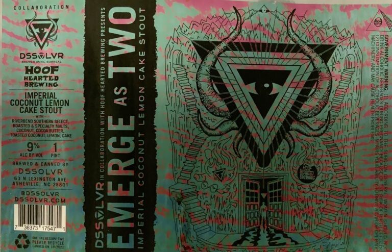 Emerge As Two beer label from DSSOLVR & Hoof Hearted: A symmetrical design with a central inverted triangle containing an eye, flanked by horned figures and surrounded by intricate line work resembling architectural ruins.