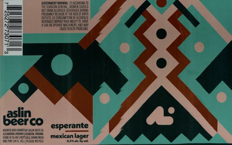 Esperante beer label from Aslin: Geometric pattern of interlocking triangles and diamonds in teal, brown, black, and beige with circular accents.