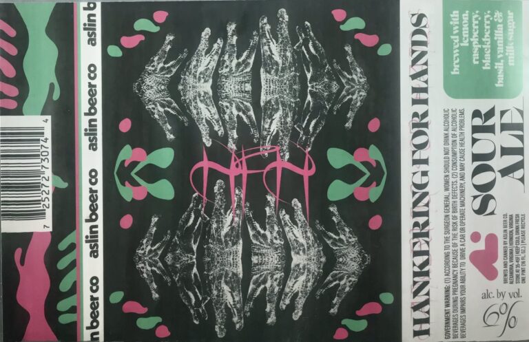 Handskeepingforfriends beer label from Aslin: Eight white hands arranged in a symmetrical grid on black background with pink and green abstract shapes around them.
