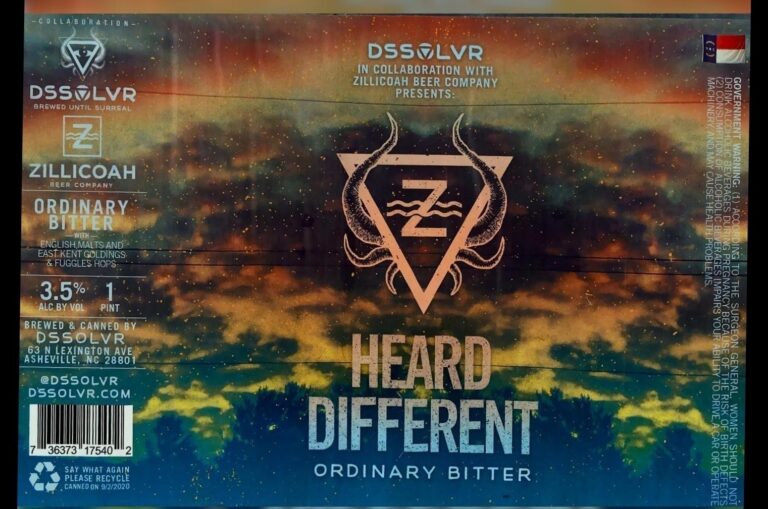 Heard Different beer label from DSSOLVR: A stylized triangular emblem with a Z and wavy lines inside, flanked by horned shapes. Below it reads HEARD DIFFERENT in large block letters over a cloudy sky background.