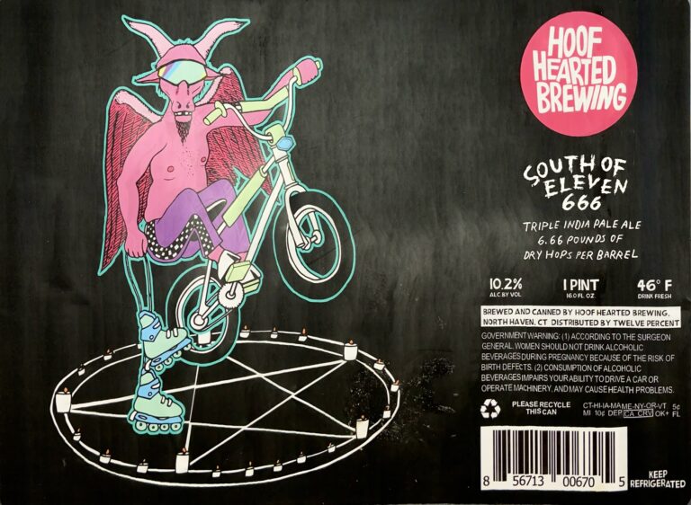 South of Eleven 666 beer label from Hoof Hearted: A pink horned figure with wings and roller skates rides a BMX bike over a pentagram surrounded by candles.