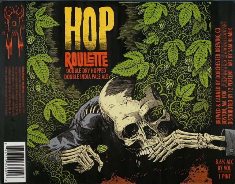 Hop Roulette beer label from Abomination: A skeletal figure in a suit lies among green hop leaves and vines. The skull faces forward with hands gripping its jaw.
