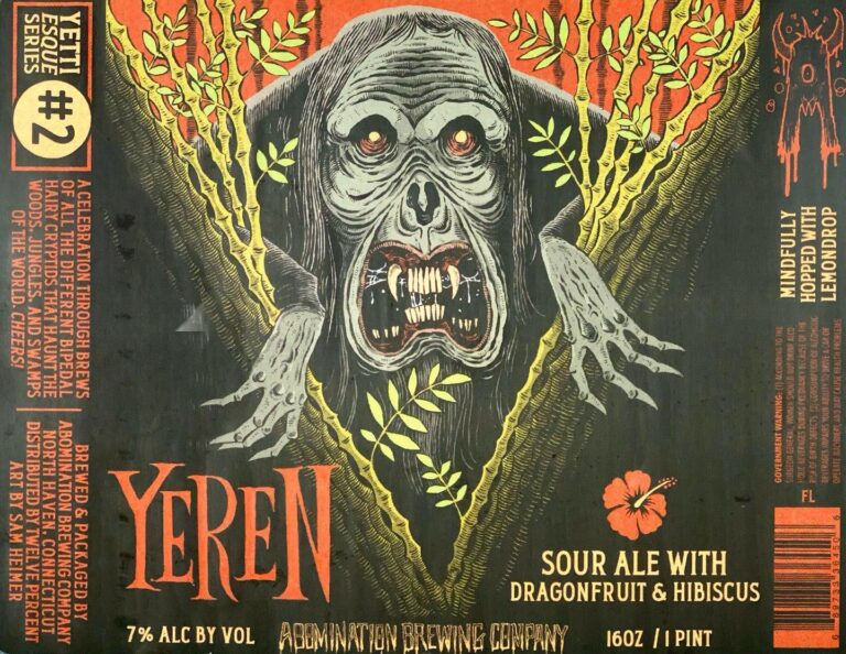 Yerin beer label from Abomination: A grotesque ape-like creature with glowing red eyes and bared teeth emerges from gnarled tree branches against a dark background.