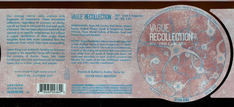 Vague Recollection beer label from Jester King