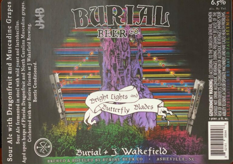 Bright Lights & Butterfly Blades beer label from Burial & J. Wakefield, artwork by David Paul Seymour
