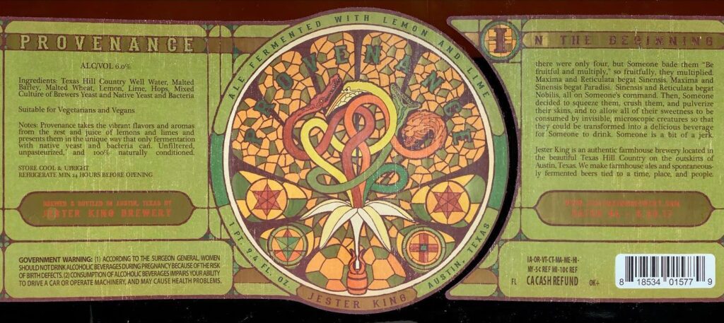 Provenance (Lemon & Lime) beer label from Jester King