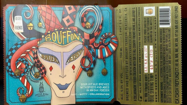 Bouffon beer label from The Bruery Terreux: A stylized jester face with purple makeup and red diamond accents wears a colorful hat adorned with bells. Swirling ribbons in blue, red, black, and white frame the head against a teal background.