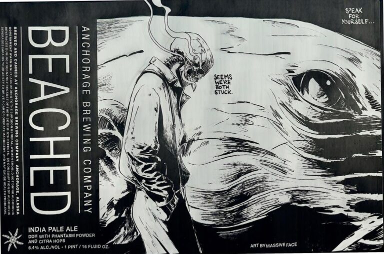 Bleached beer label from Anchorage, artwork by Michelle KamMei Harvey