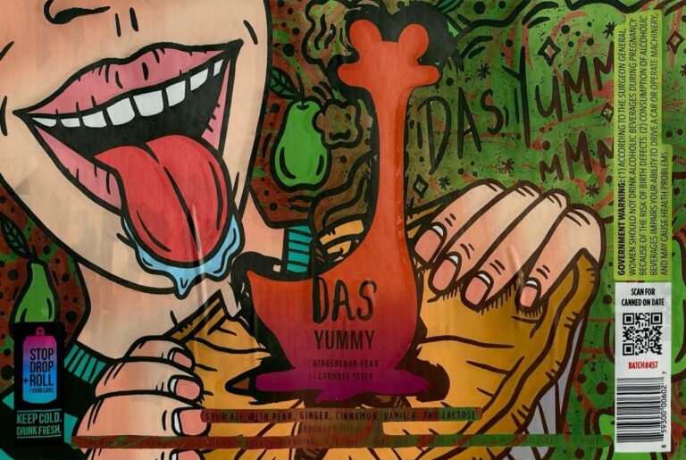 Das Yummy (Gingersnap Pear) beer label from Oozlefinch: A cartoon face with tongue out holds a pear-shaped bottle labeled DAS YUMMY against a green patterned background.