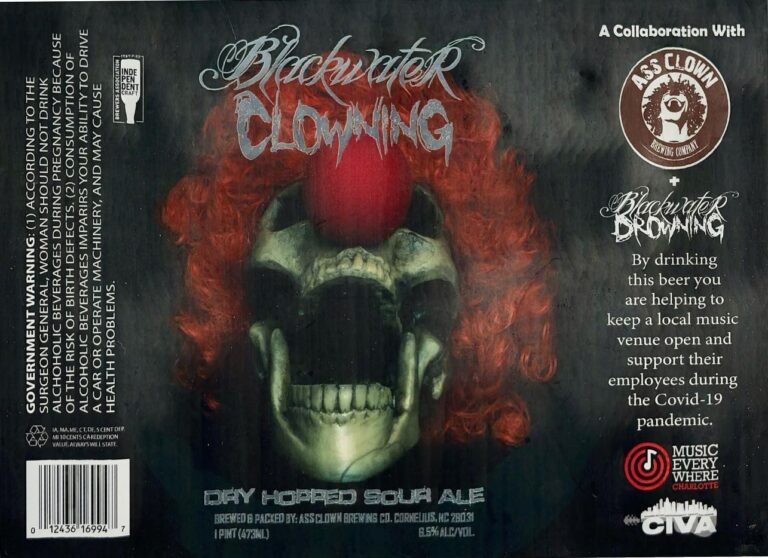 Blackwater Clowning beer label from Ass Clown: A skull with a red nose and curly orange hair sits center stage against a dark background.