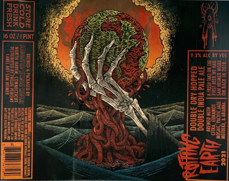 Rotting Earth (2021) beer label from Abomination: A skeletal hand grips a globe of green and red brain-like textures. Red tentacles coil around its base against a dark background with yellow cloud patterns.