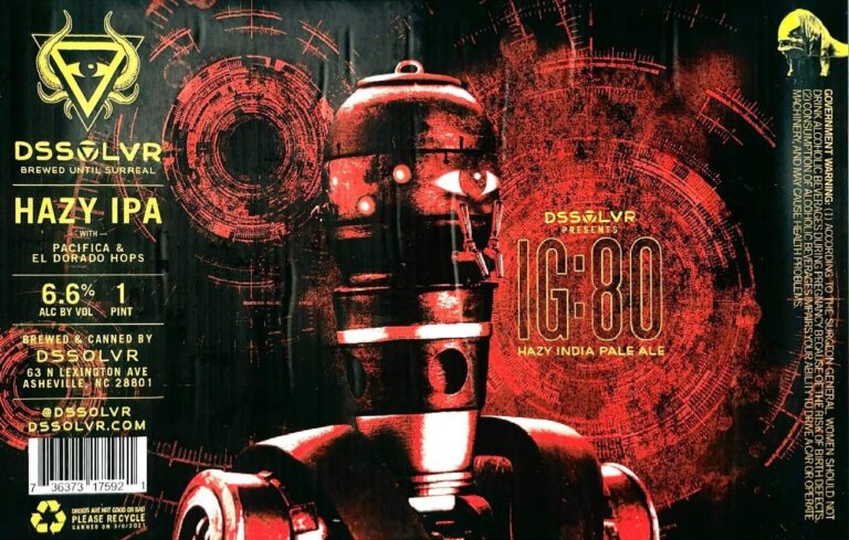 IG:80 beer label from DSSOLVR: A metallic robot head with glowing eyes and red circular patterns in a dark background.