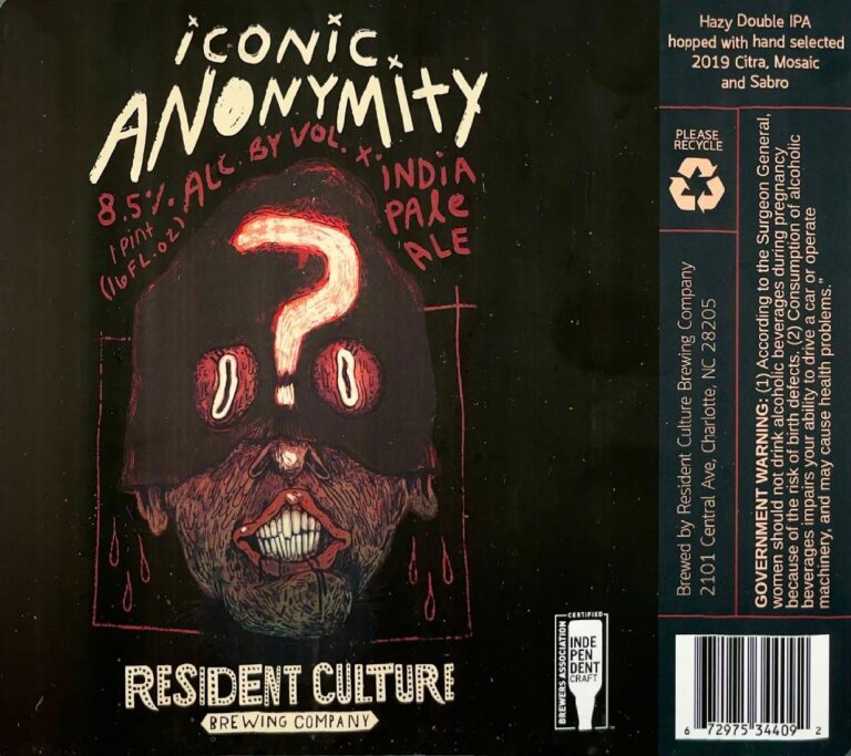 Iconic Anonymity beer label from Resident Culture, artwork by Maryssa Pickett