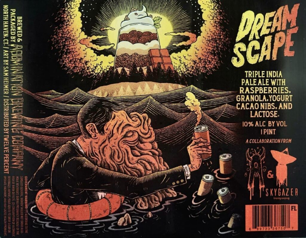 Dreamscape (Raspberry, Granola, Yogurt, Cacao Nibs) beer label from Abomination: A man with a tentacled face floats in water holding a beer can; behind him rise stylized waves and a surreal tower emitting smoke under a radiant sun.