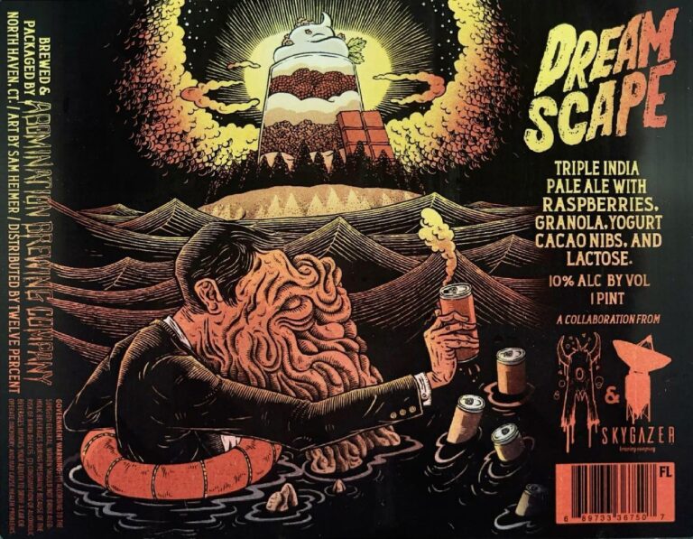 Dreamscape (Raspberry, Granola, Yogurt, Cacao Nibs) beer label from Abomination: A man with a tentacled face floats in water holding a beer can; behind him rise stylized waves and a surreal tower emitting smoke under a radiant sun.