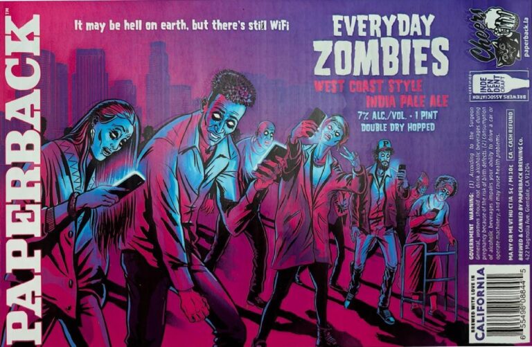 Everyday Zombies beer label from Paperback: A group of zombie figures in red coats walk forward while holding smartphones; city skyline looms behind them under pink and purple lighting.