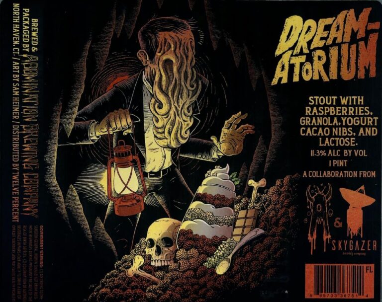Dreamatorium (Raspberry, Granola, Yogurt, Cacao Nibs) beer label from Abomination: A figure with a long beard holds a lantern in one hand and gestures with another. A skull sits on berries near an overturned yogurt cup.