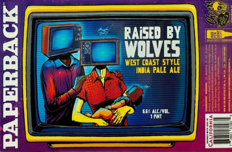 Raised By Wolves beer label from Paperback: Two figures with television sets for heads sit on a couch; one holds another figure also holding a TV. The scene is framed within a yellow-bordered screen against a blue background.