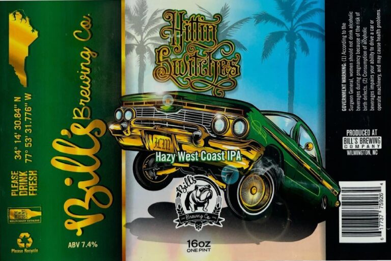 Hittin’ Switches beer label from Bill’s: A green classic car with gold wheels and flames drives through a palm-lined scene under stylized lettering.