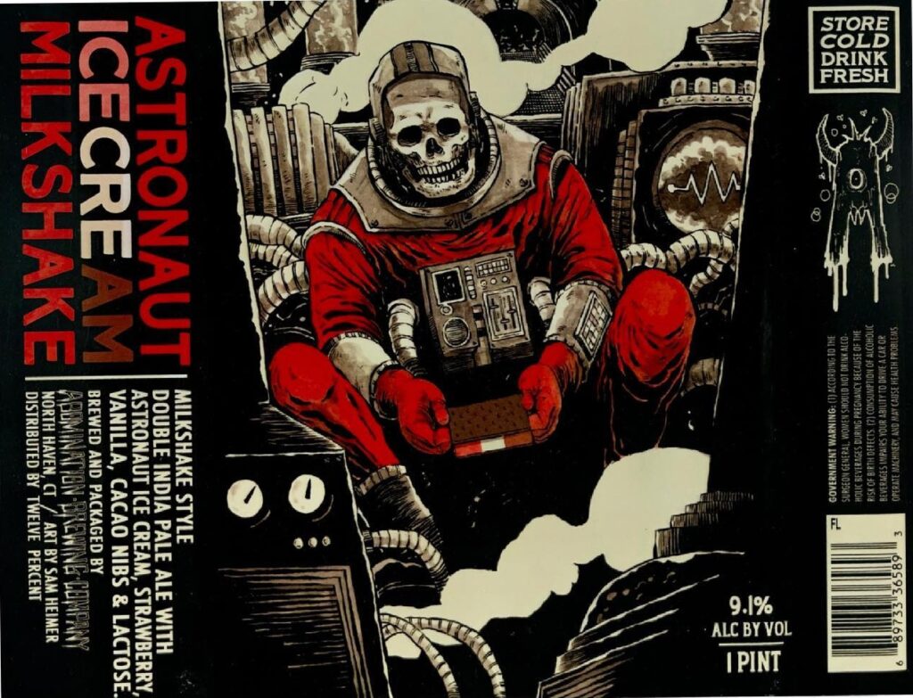 Astronaut Ice Cream Milkshake beer label from Abomination: A skull in a red astronaut suit sits inside a mechanical cockpit with pipes and dials.