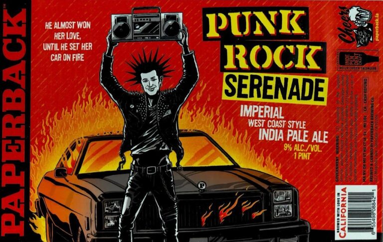 Punk Rock Serenade beer label from Paperback: A punk rocker with spiked hair holds a boombox above his head while standing in front of a burning car against a red background.