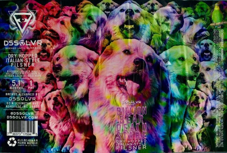 Billion Bear Death Stare beer label from DSSOLVR: A golden retriever with rainbow-colored fur and tongue out, surrounded by many other dogs in similar psychedelic hues.