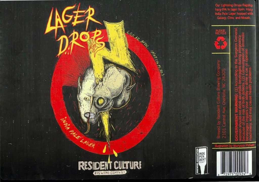 Lager Drops beer label from Resident Culture, artwork by Maryssa Pickett