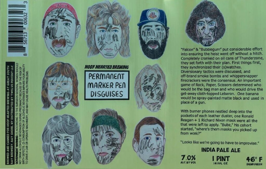 Permanent Marker Pen Disguises beer label from Hoof Hearted: Nine hand-drawn faces with marker scribbles and varied hairstyles arranged in a grid on pale green background.