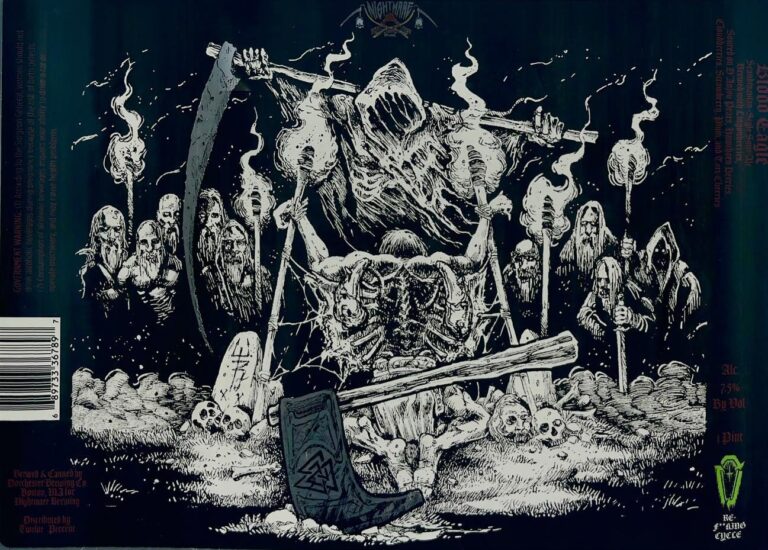 Blood Eagle beer label from Nightmare: A skeletal figure with a scythe stands over skulls and bones; hooded figures hold torches around them in dark tones.