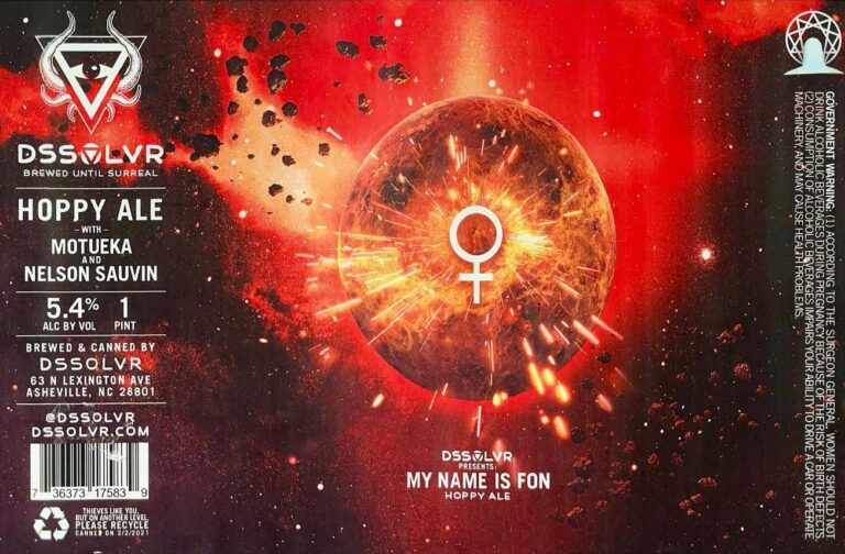My Name is Fon beer label from DSSOLVR: A fiery planet with a white female symbol at its center explodes outward against a red cosmic background filled with asteroids and sparks.
